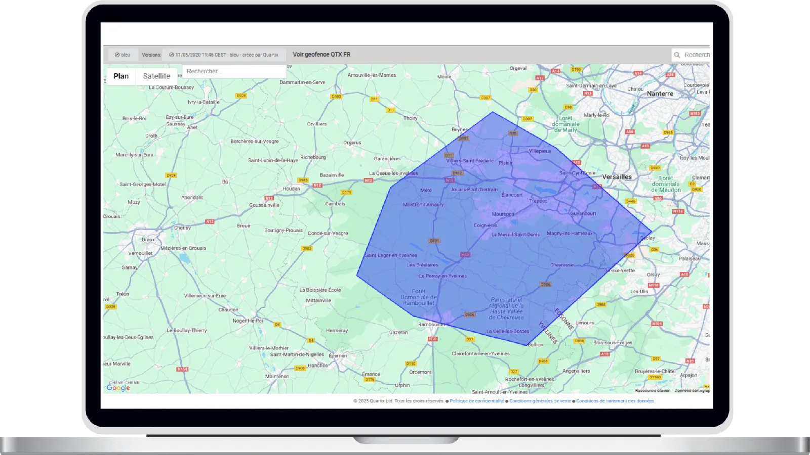 Délimitation de zone géofencing visualisée sur la plateforme