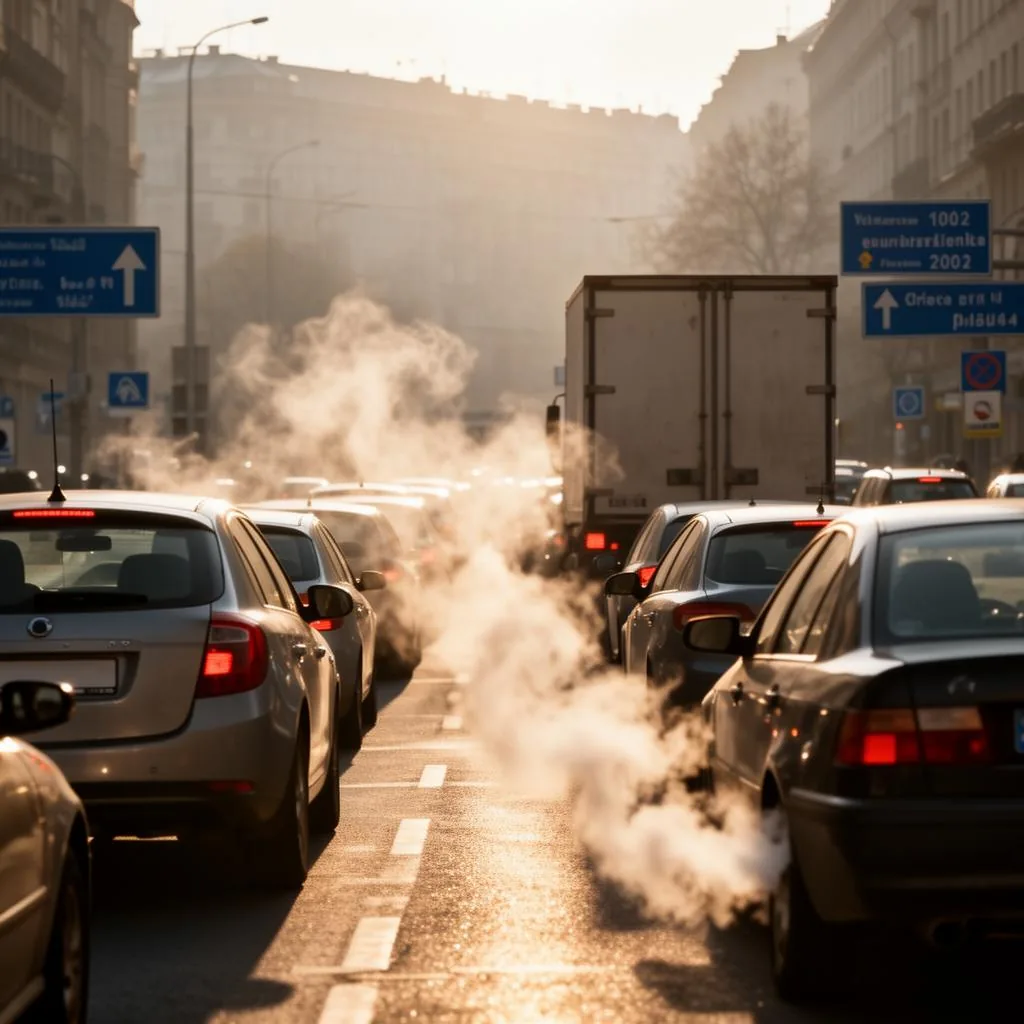 Embouteillage urbain avec émissions de gaz d échappement visibles, illustration des émissions de CO2 du transport routier Embouteillage urbain avec émissions de gaz d échappement visibles, illustration des émissions de CO2 du transport routier