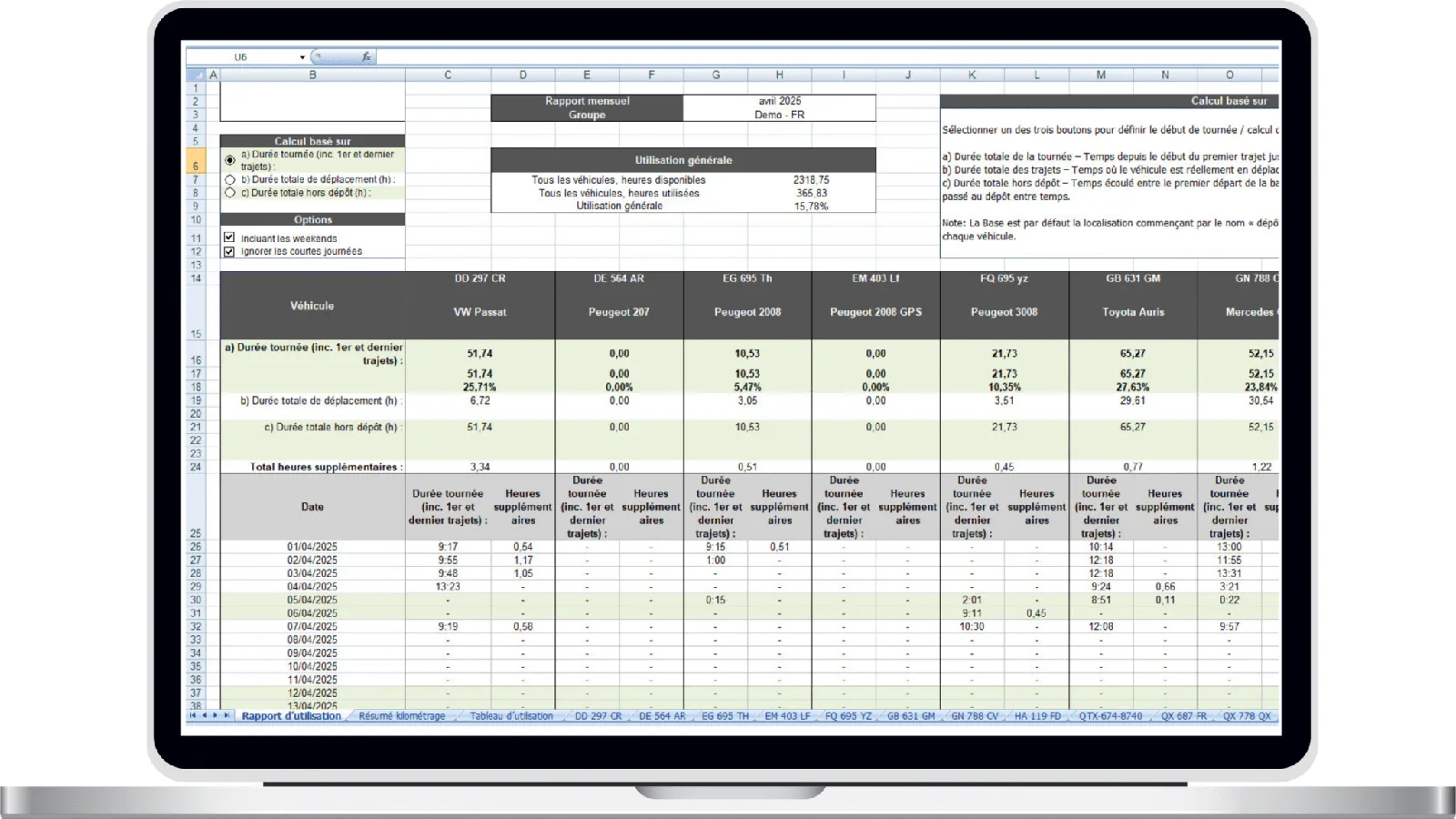 Export Excel d'un rapport de flotte de véhicules