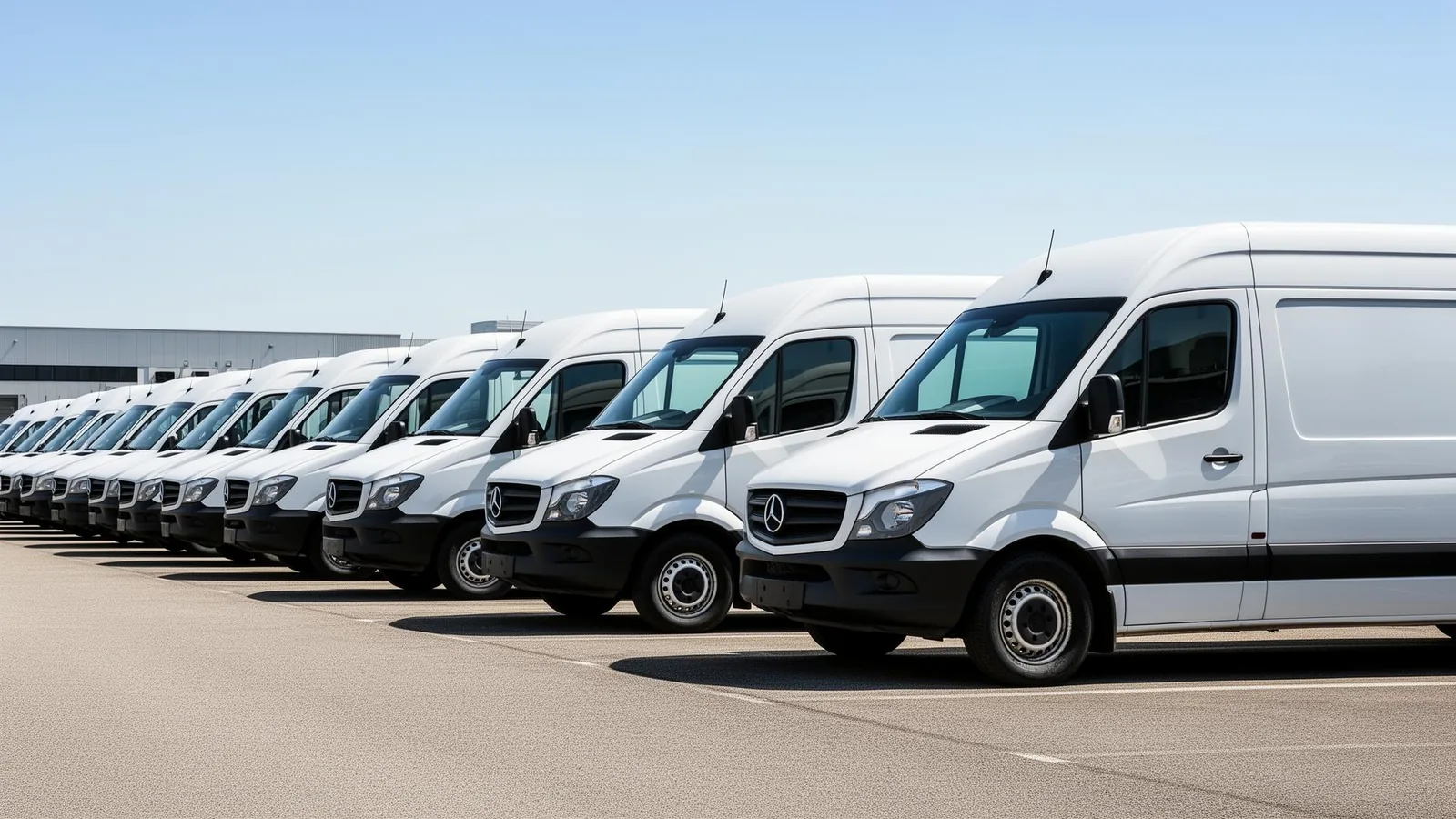 Flotte d utilitaires blancs alignés sur un dépôt logistique Flotte d utilitaires blancs alignés sur un dépôt logistique