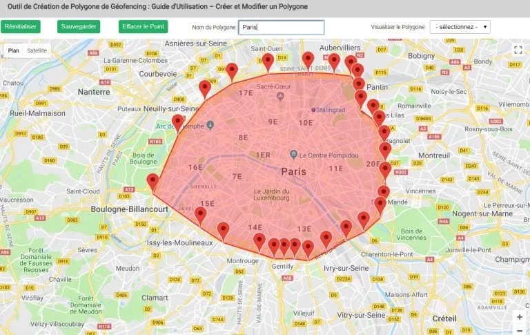 Délimitation de zone géofencing sur carte de géolocalisation