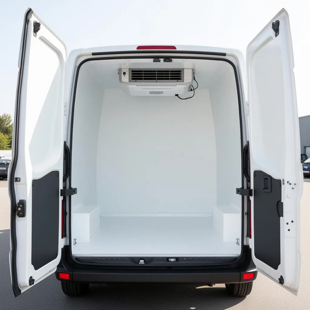 Intérieur d'un véhicule utilitaire frigorifique aux portes arrière ouvertes, montrant le compartiment isotherme blanc et le groupe froid au plafond